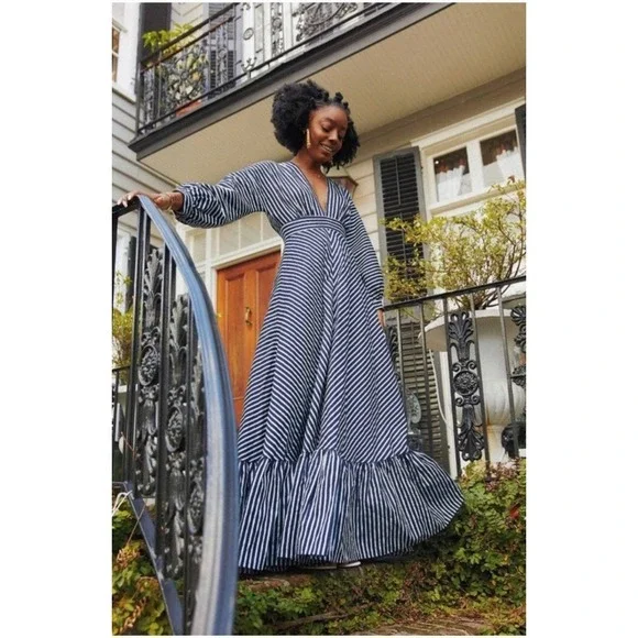 NWT Gianni Bini Maxi Dress 2 Navy White Grey Genevieve Striped Nautical Glam - Picture 1 of 10
